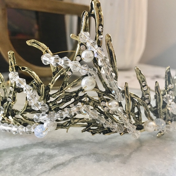 Vintage Antique White Beaded Gold Wedding Crown - Picture 5 of 8